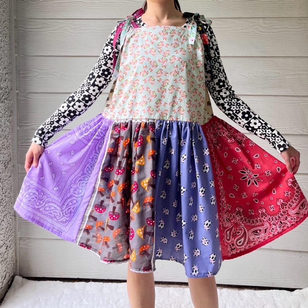 Arcade Dress | Handmade Tie At Shoulder Quilted Dress SKU 06041 Acorn/Fox